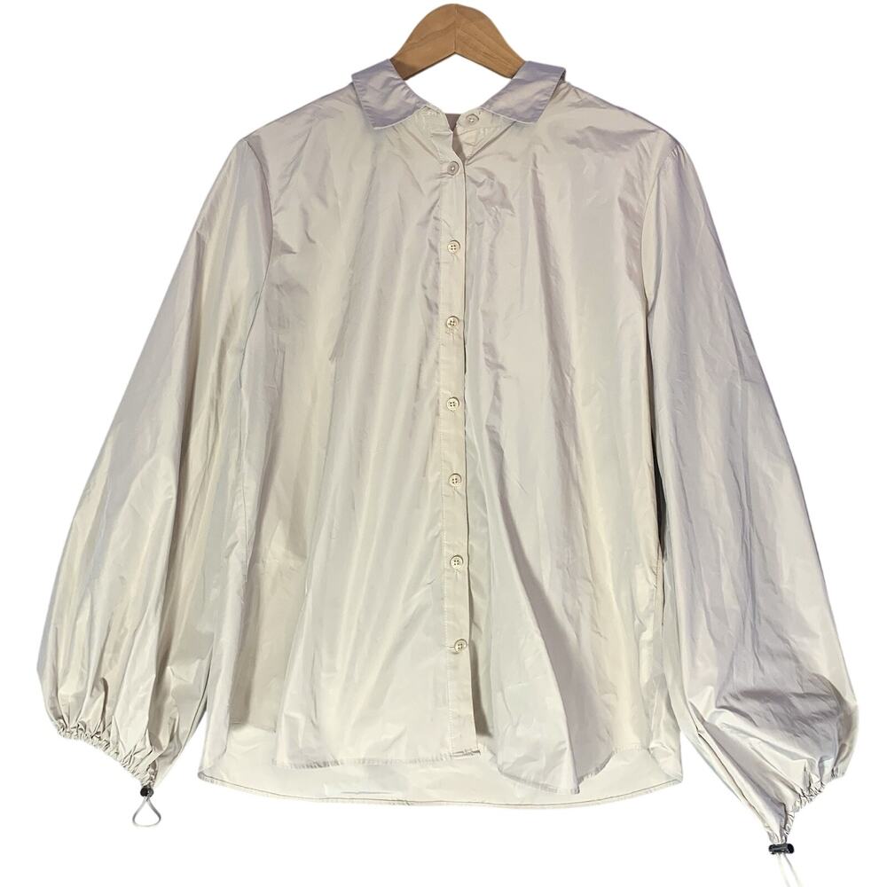 Chico’s Beige Bungee Sleeve Shirt, Women's 10, Garden Party, Resort Wear, Hiking